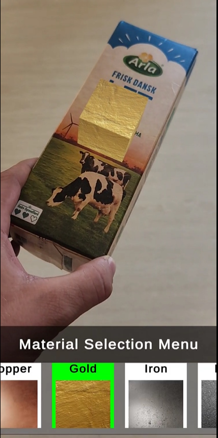 Gold material visualized on top of the tracked milk carton