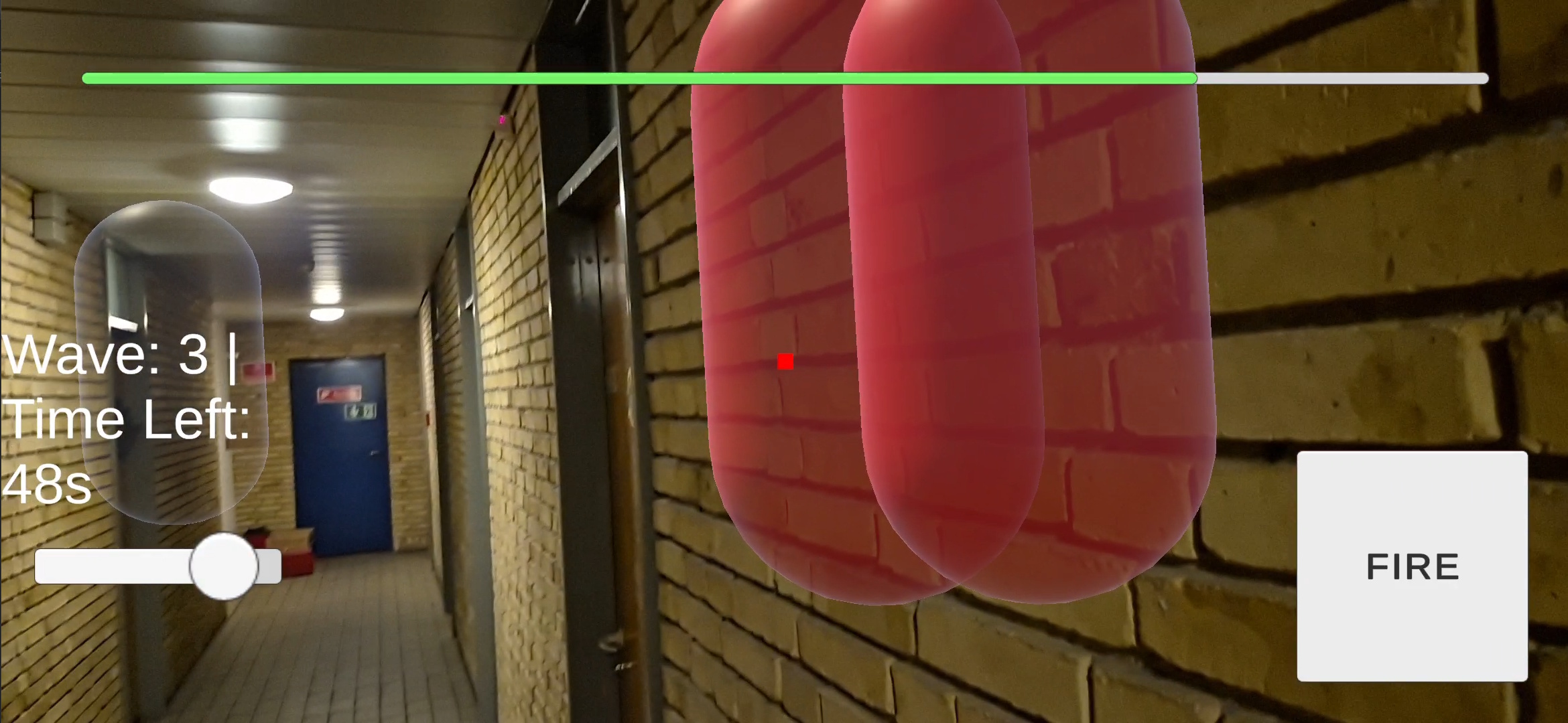 Several red ghosts grouped together in the AR hallway scene