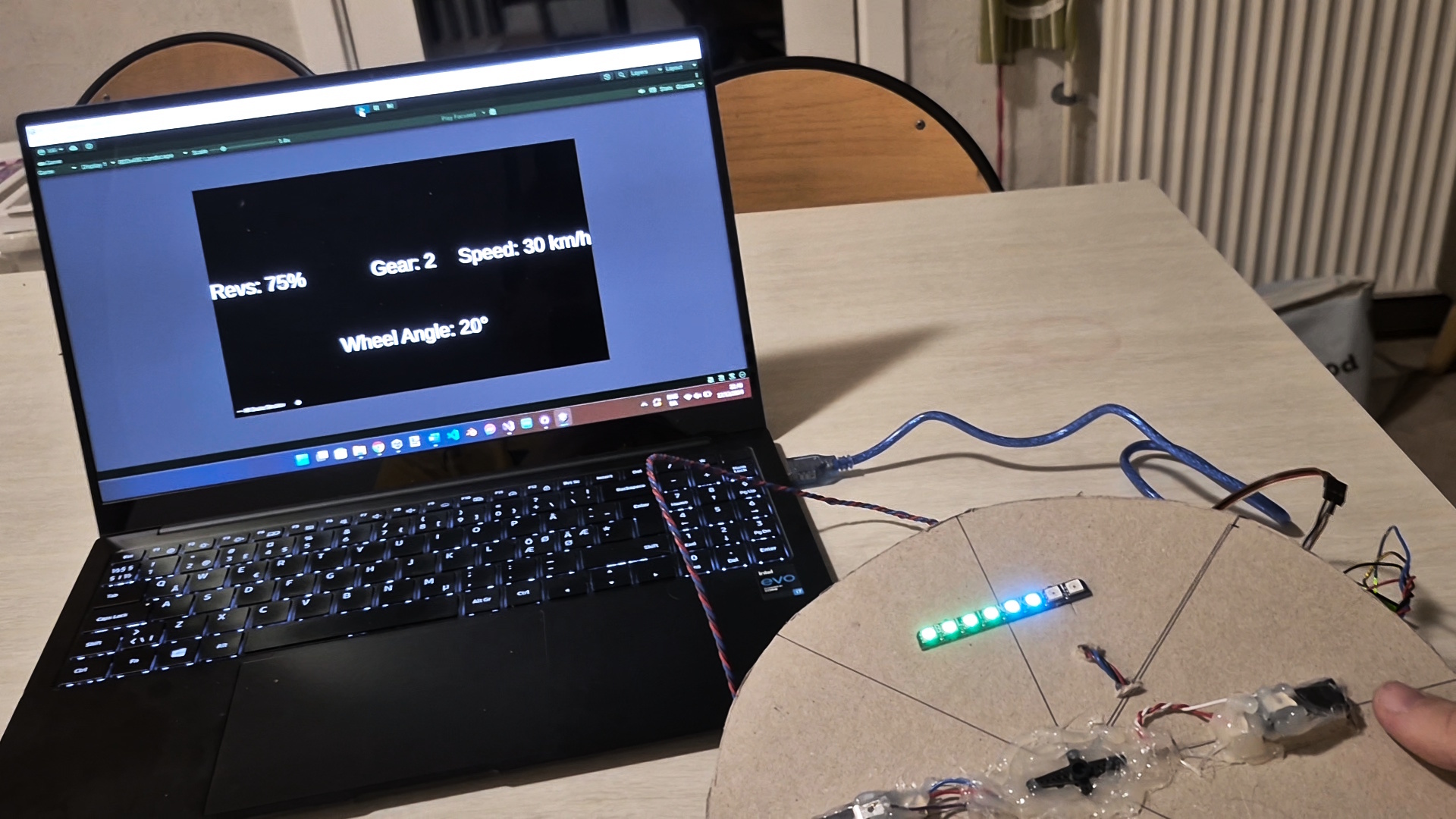Full prototype connected to Unity with LED rev strip active