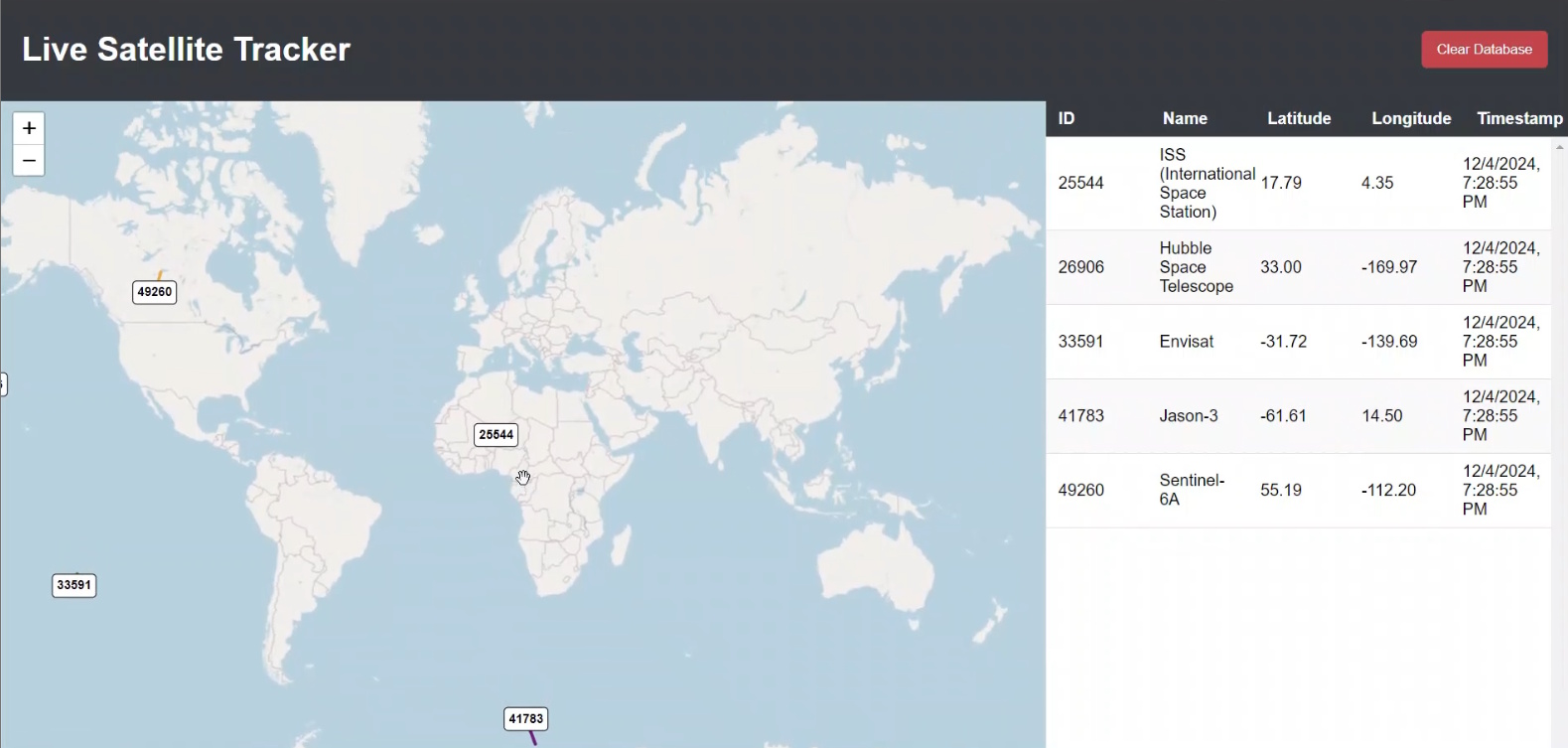 Live Satellite Tracker map interface showing real-time satellite positions