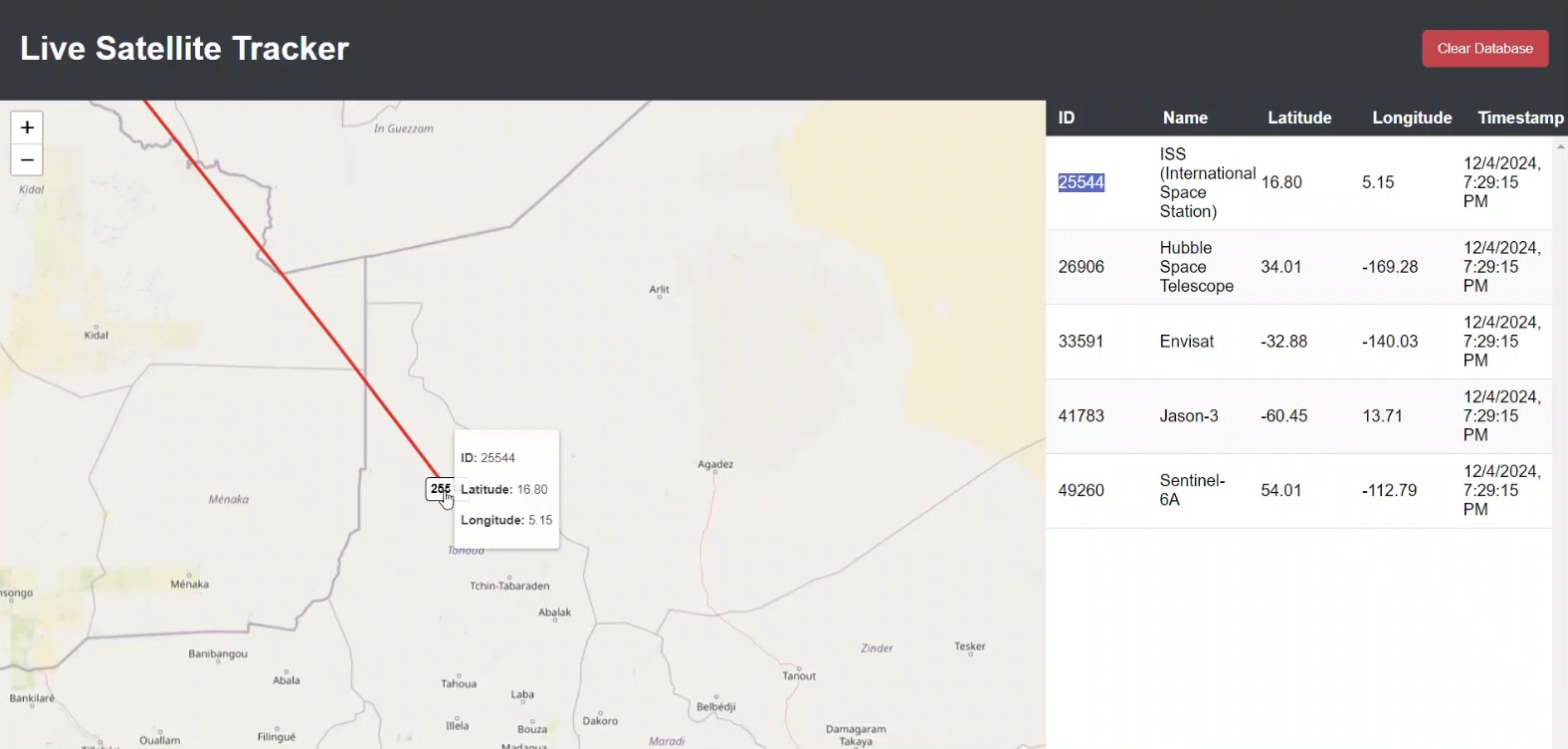 Live Satellite Tracker data table with satellite details and timestamps