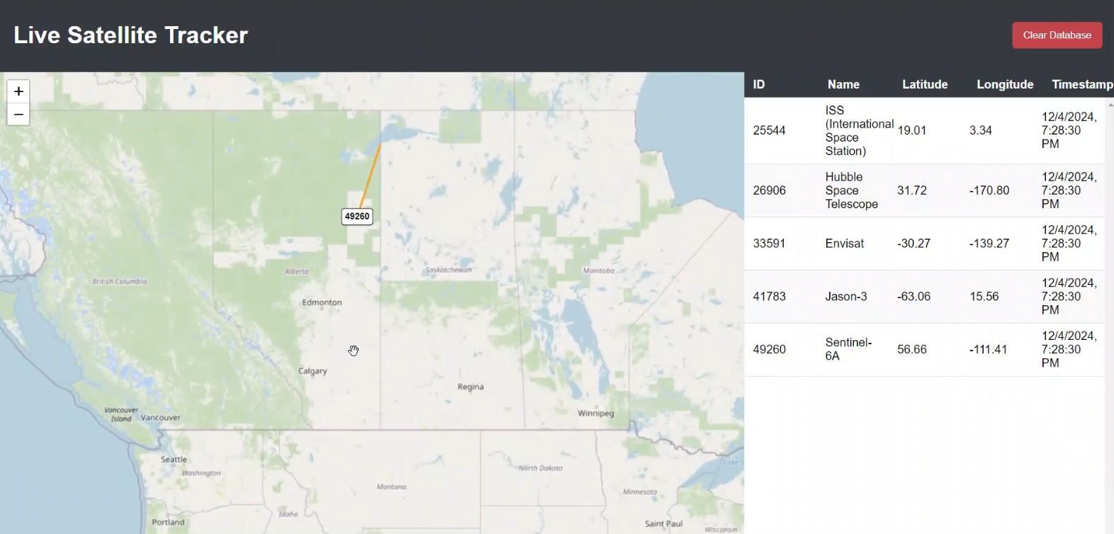 Live Satellite Tracker combined interface with map and satellite information